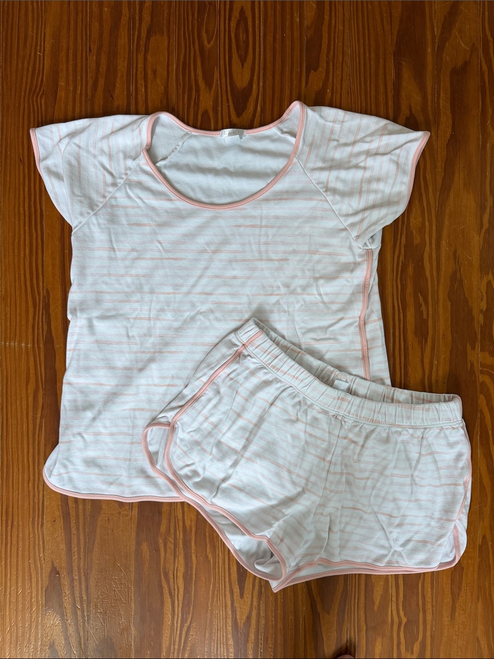 Women’s Pink Trim Short Sleeve Pajama Set - Soft White with Pink Stripes